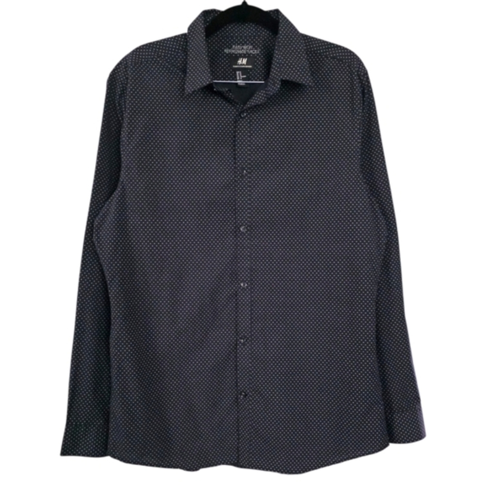 H&M Navy Polka Dotted Slim Fit Easy Iron‎ Dress Shirt